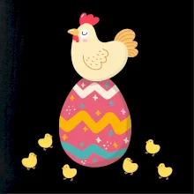 Slepice sedící na velikonočním vejci