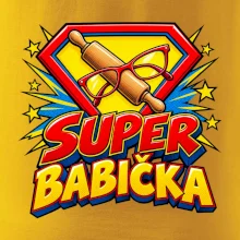 Super babička komiksový znak s válečkem a brýlemi