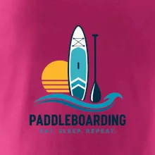 Paddleboard s pádlem při západu slunce eat sleep repeat