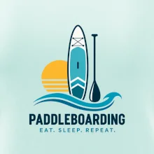 Paddleboard s pádlem při západu slunce eat sleep repeat