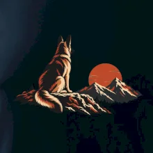 Německý ovčák pozoruje hory při západu slunce