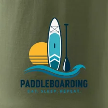 Paddleboard s pádlem při západu slunce eat sleep repeat