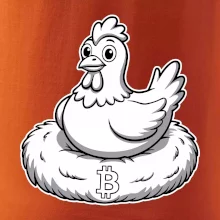 Kuře sedící na bitcoinovém hnízdě