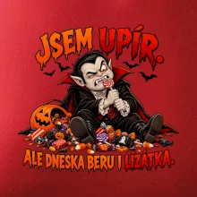 Unavený upír s hromadou sladkostí a lízátkem