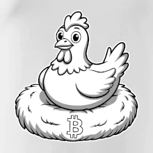 Kuře sedící na bitcoinovém hnízdě