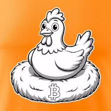 Kuře sedící na bitcoinovém hnízdě