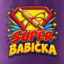 Super babička komiksový znak s válečkem a brýlemi