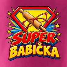 Super babička komiksový znak s válečkem a brýlemi
