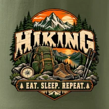 Turistický batoh v horách eat sleep repeat