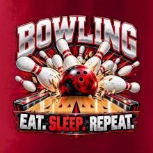 Bowlingová koule a kuželky eat sleep repeat