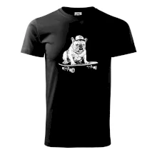 Černobílý buldok na skateboardu