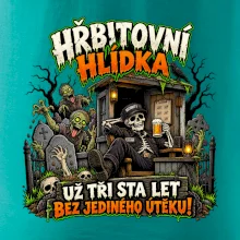 Hřbitovní hlídka kostlivec vrátný s pivem