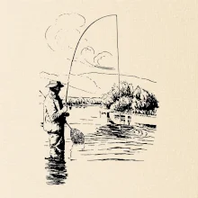 Kreslený rybář s podběrákem