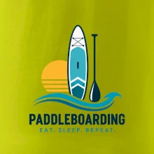 Paddleboard s pádlem při západu slunce eat sleep repeat