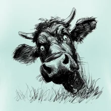 Černobílá karikatura černá kráva hlava