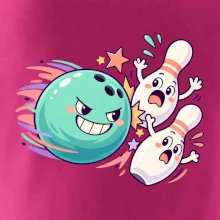 Bowling vtipná koule honí vystrašené kuželky