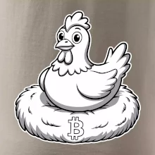 Kuře sedící na bitcoinovém hnízdě