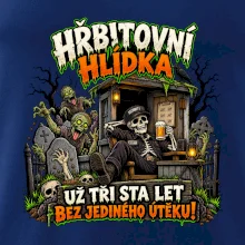 Hřbitovní hlídka kostlivec vrátný s pivem
