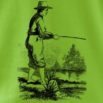 Kreslený rybář s vytaženými kalhotami