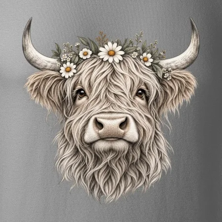 Highlandská kráva s květinami