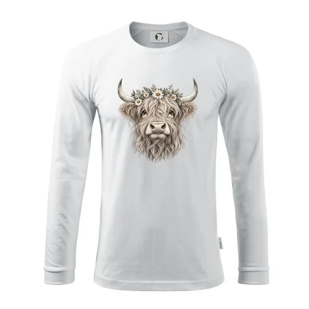 Highlandská kráva s květinami