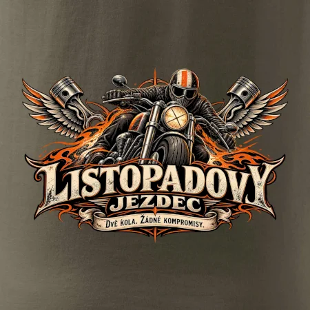 Listopadový motorkář se strojem a ohnivými křídly