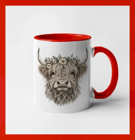 Highlandská kráva s květinami