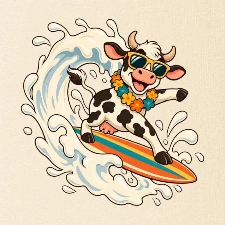Surfující kráva na mléčné vlně