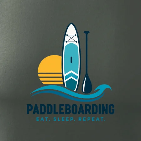 Paddleboard s pádlem při západu slunce eat sleep repeat