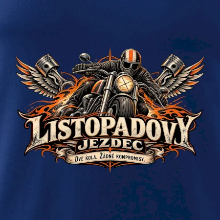 Listopadový motorkář se strojem a ohnivými křídly