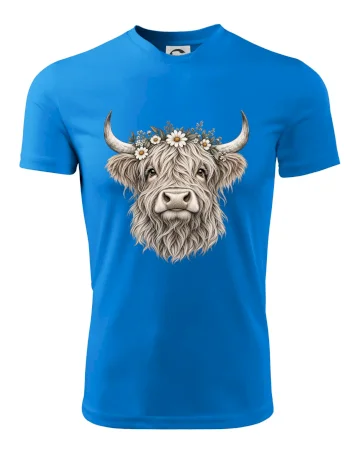 Highlandská kráva s květinami