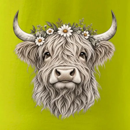 Highlandská kráva s květinami