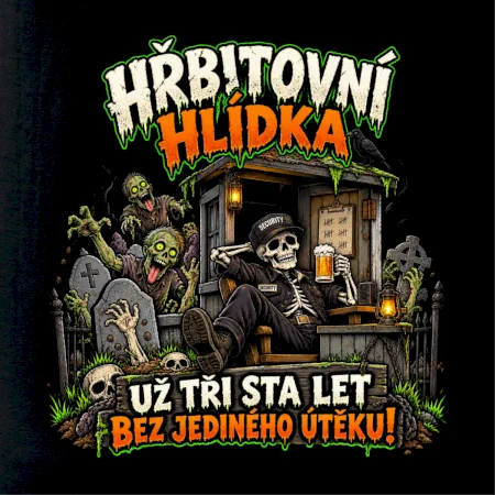 Hřbitovní hlídka kostlivec vrátný s pivem