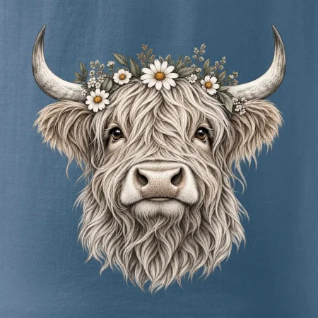 Highlandská kráva s květinami