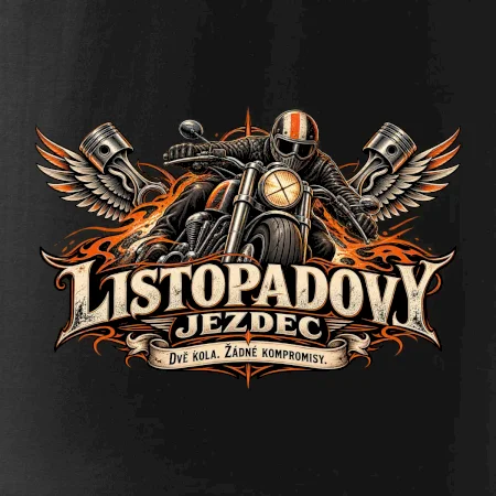 Listopadový motorkář se strojem a ohnivými křídly