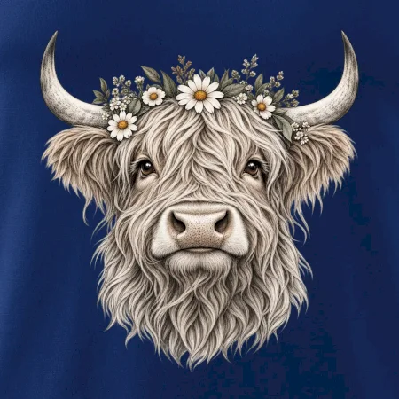 Highlandská kráva s květinami