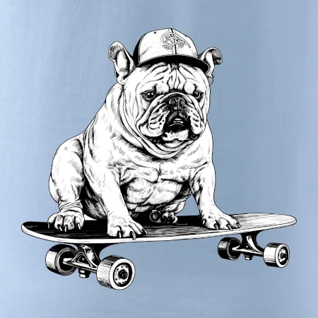 Černobílý buldok na skateboardu