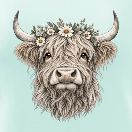 Highlandská kráva s květinami