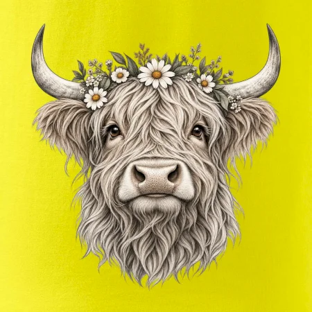 Highlandská kráva s květinami