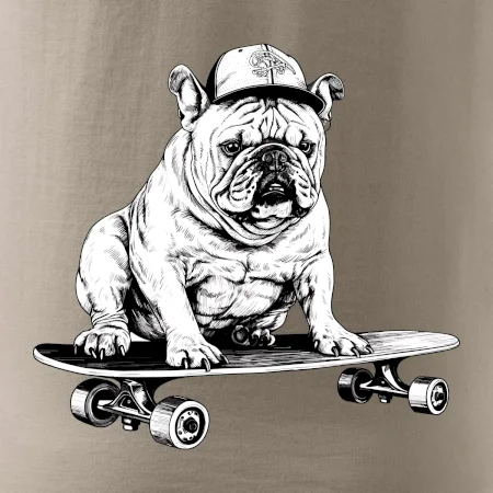 Černobílý buldok na skateboardu