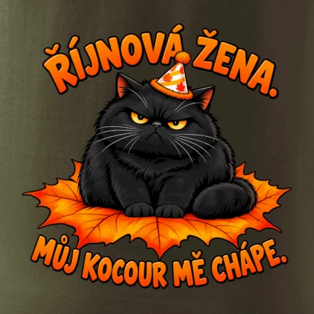 Říjnová žena mrzutý černý kocour na javorovém listu
