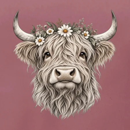 Highlandská kráva s květinami