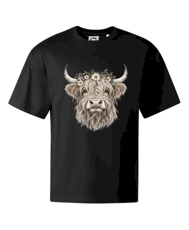 Highlandská kráva s květinami