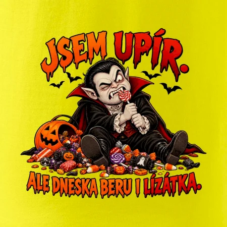 Unavený upír s hromadou sladkostí a lízátkem