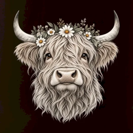 Highlandská kráva s květinami