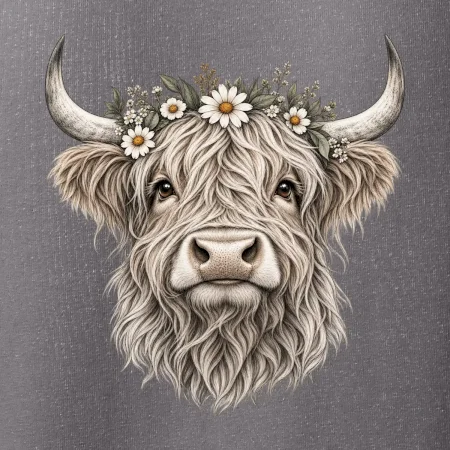 Highlandská kráva s květinami