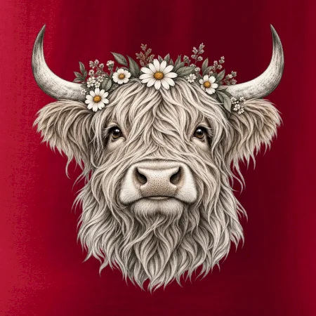 Highlandská kráva s květinami