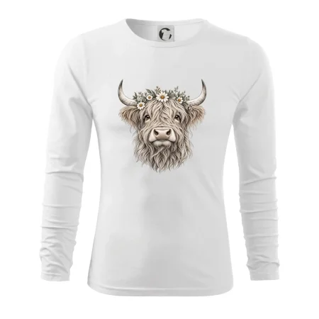 Highlandská kráva s květinami