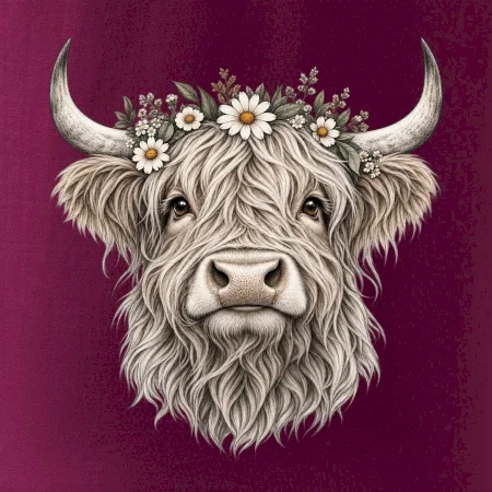 Highlandská kráva s květinami