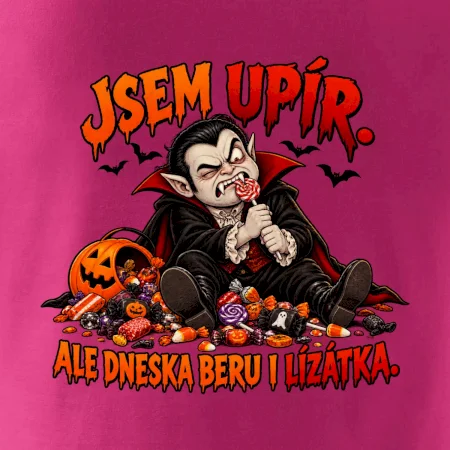 Unavený upír s hromadou sladkostí a lízátkem